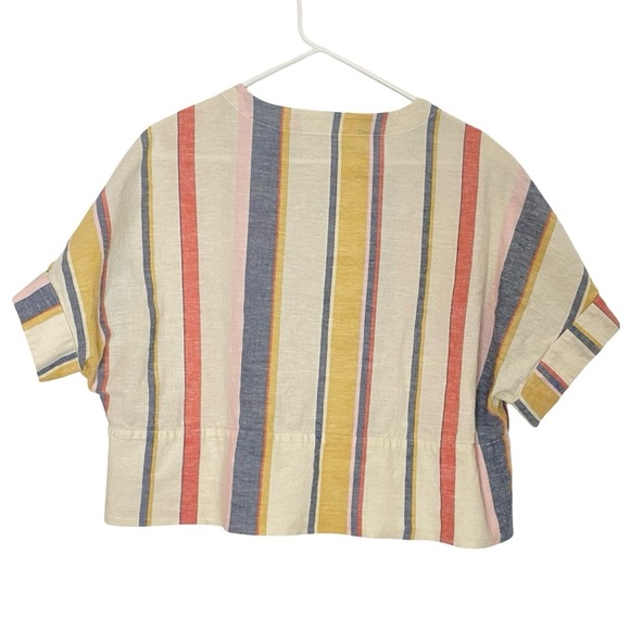 United By Blue Striped Top Blouse Womens Size XS Oversized Linen Cropped Cream - Picture 2 of 8
